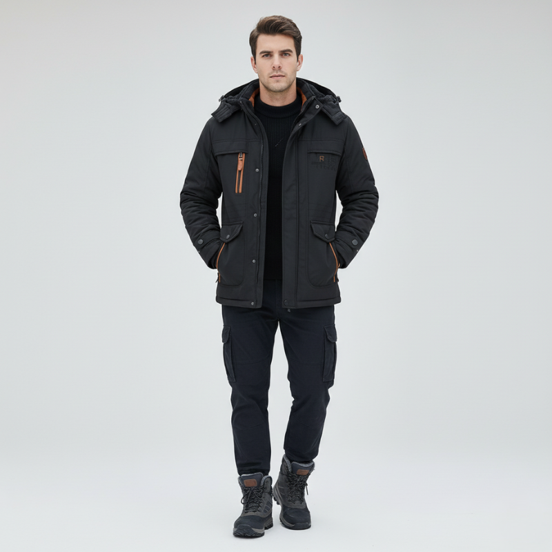 Man wearing a black winter coat with fur hood on a beige background