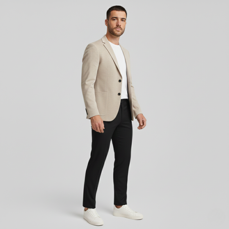 Man wearing a beige blazer, white shirt, black pants, and white shoes on a light gray background