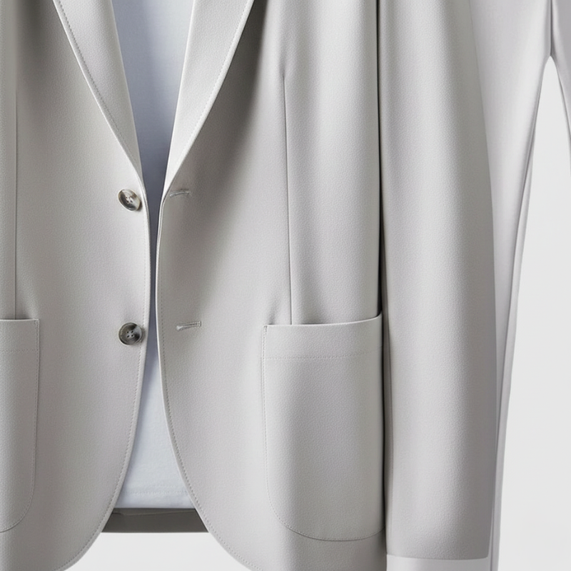 Close-up of a light gray suit jacket on a white background