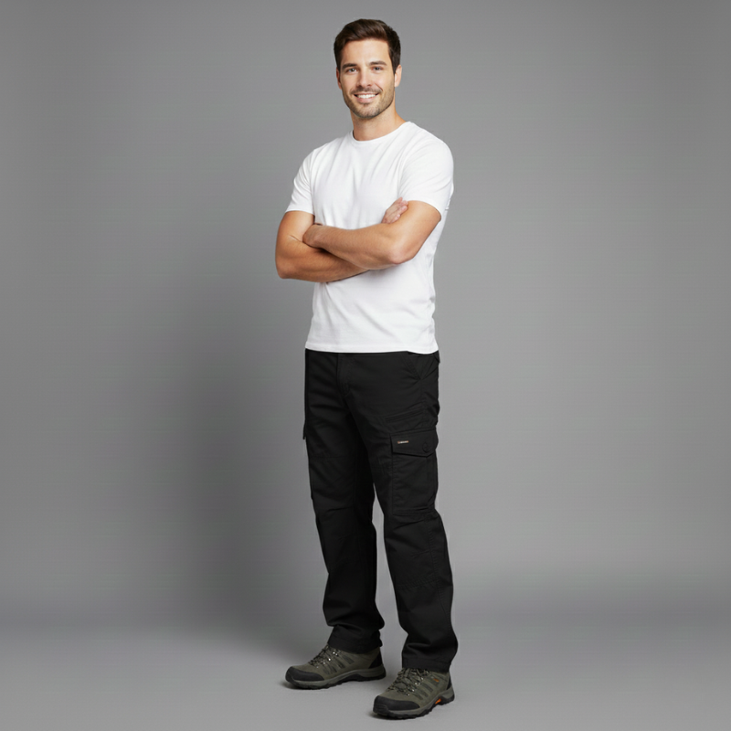 Man wearing a white t-shirt and black pants standing against a gray background
