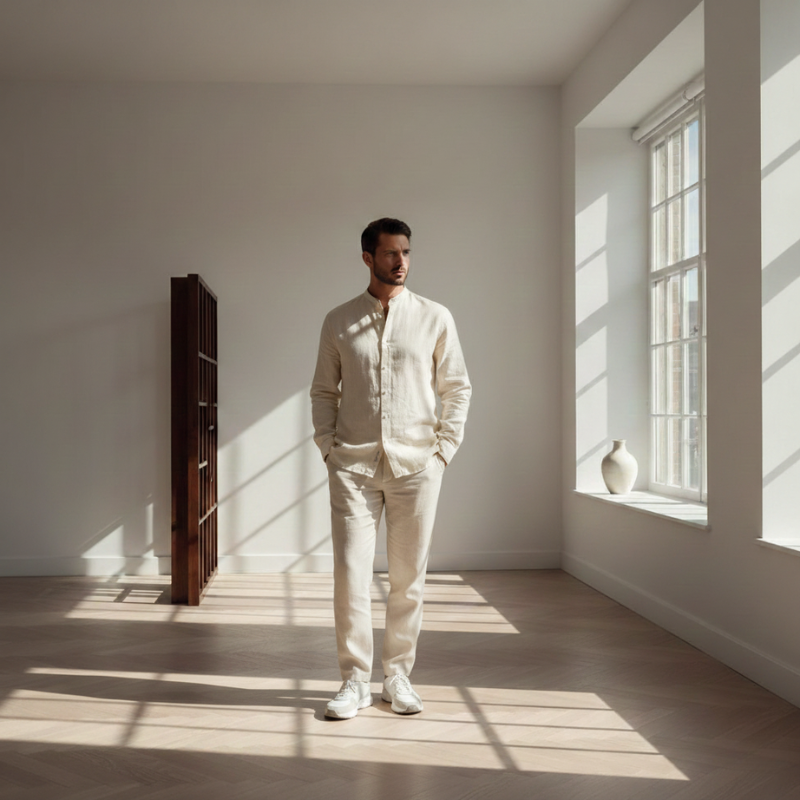 Man in a light-colored suit standing in a sunlit room with minimal decor.