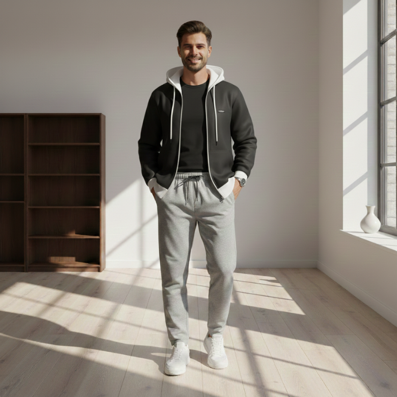 Man wearing a black hoodie and gray sweatpants standing in a well-lit room with large windows.