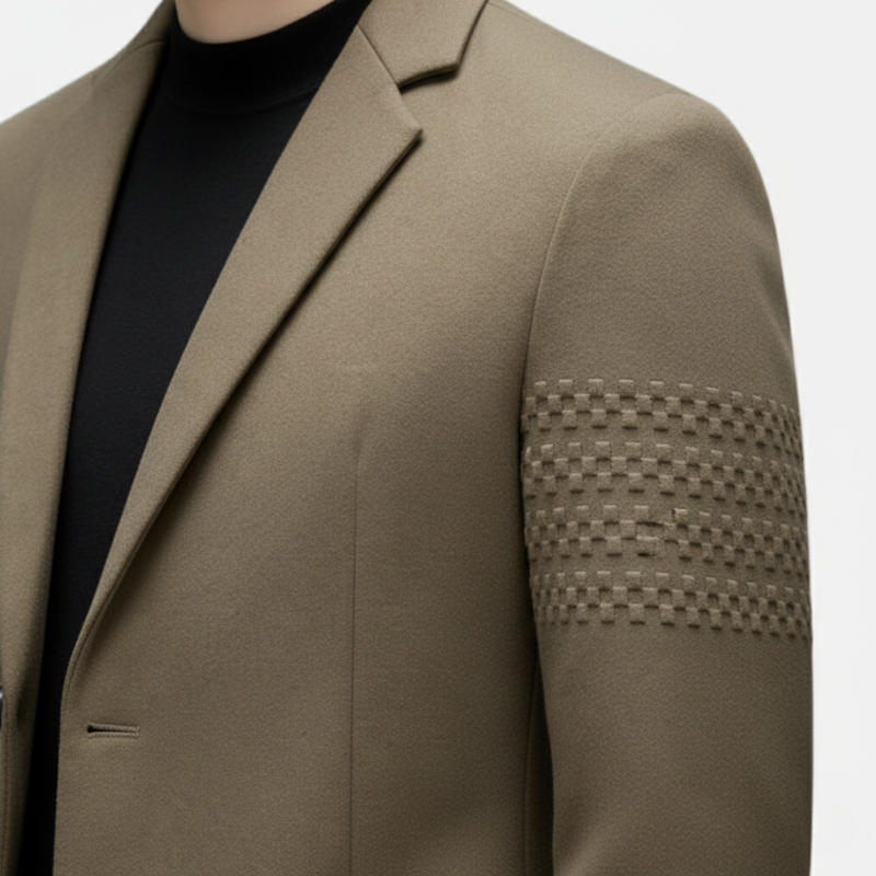 Brown coat with textured arm detail on a plain background