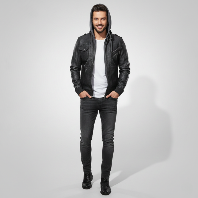 Man wearing a black leather jacket, white shirt, and black jeans on a light gray background