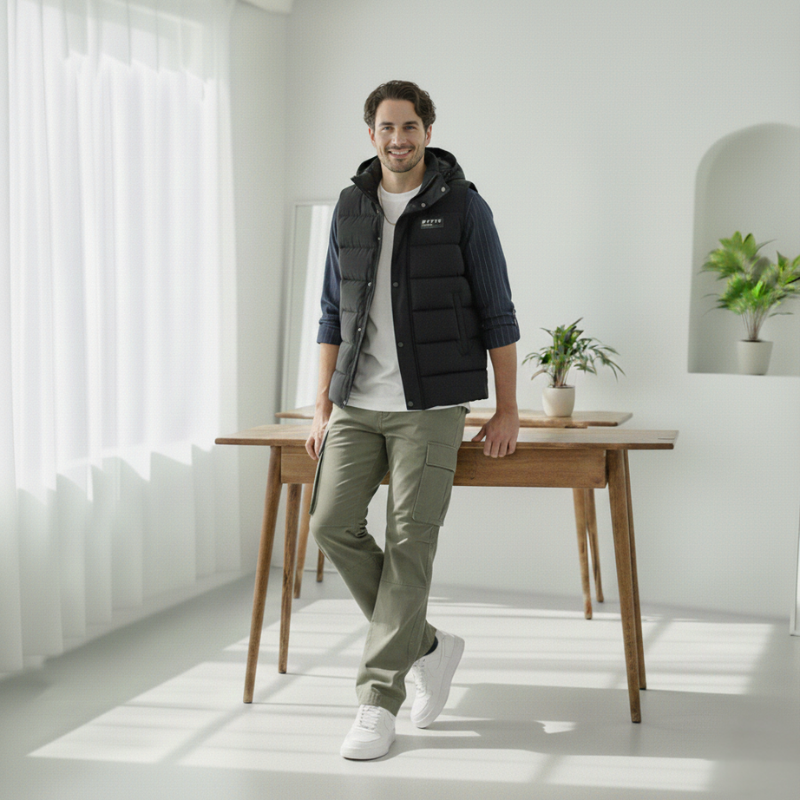 Man standing in a modern room with a wooden table and plants