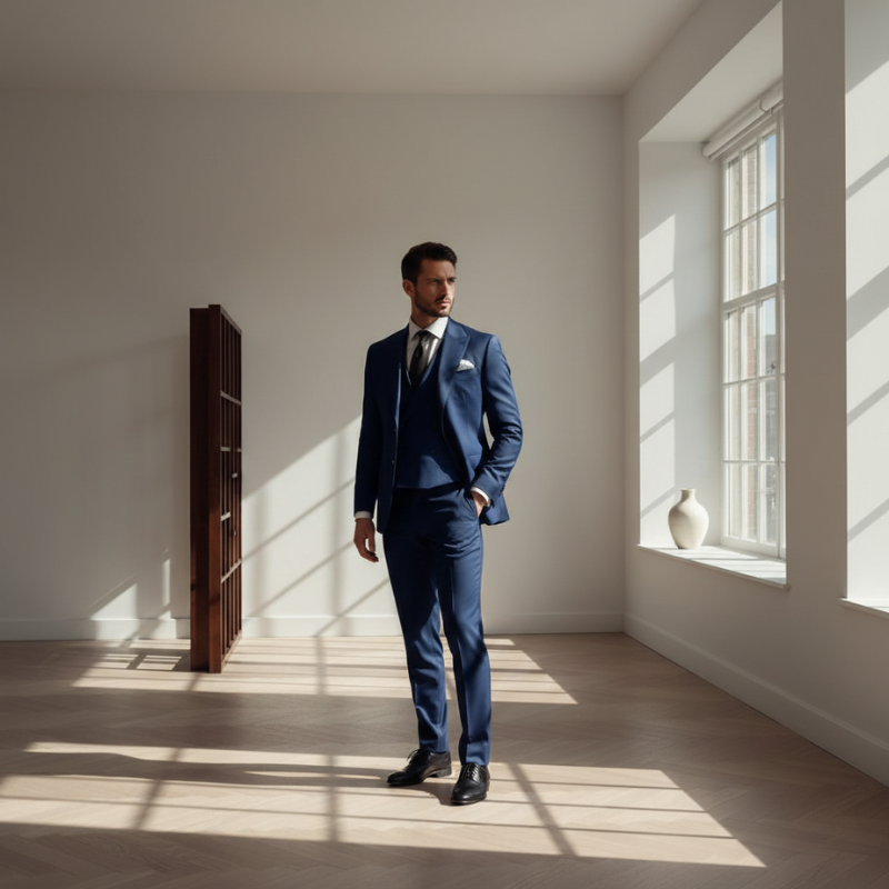 Man in a blue suit standing in a sunlit room with large windows.