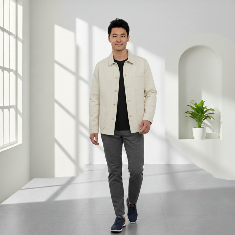 Man wearing a beige jacket and gray pants in a bright, minimalistic room.
