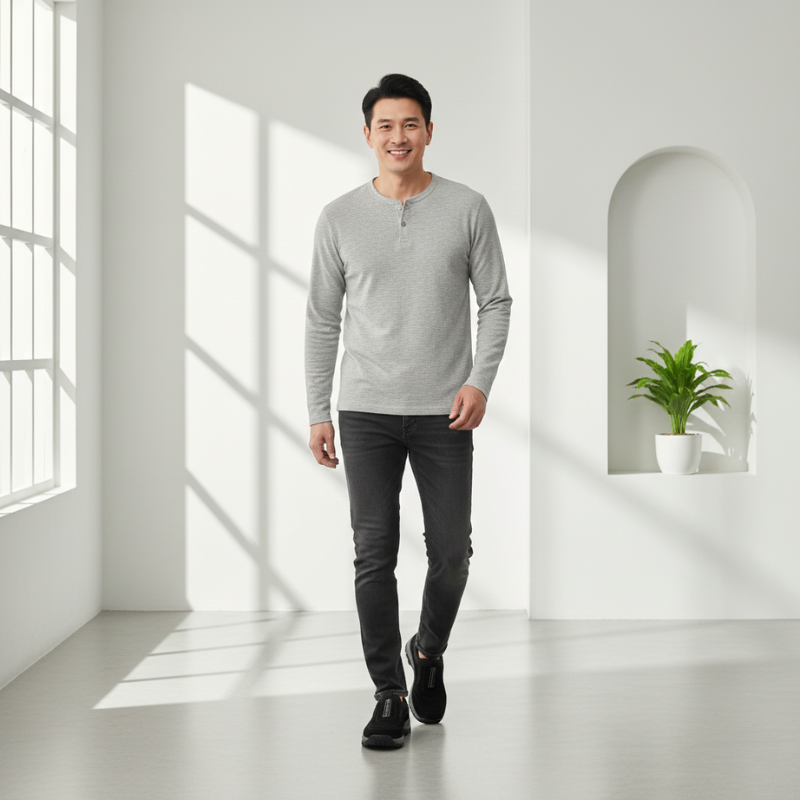 Man walking in a bright, minimalistic room with a plant in the background