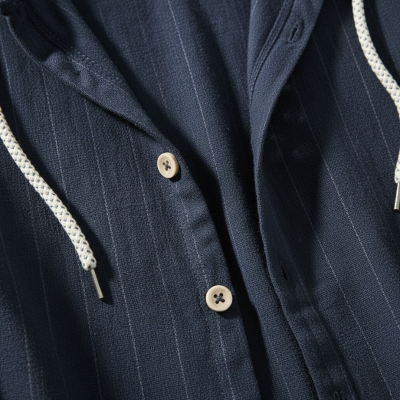 Navy pinstripe jacket with white trim on a dark background