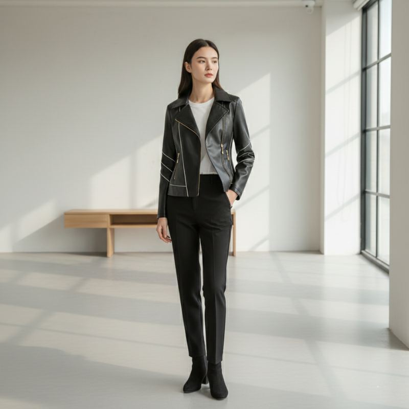 Woman wearing a black leather jacket and black pants in a modern indoor setting