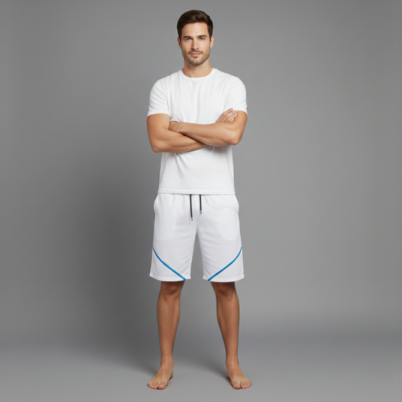 Man wearing a white outfit with blue accents on a gray background