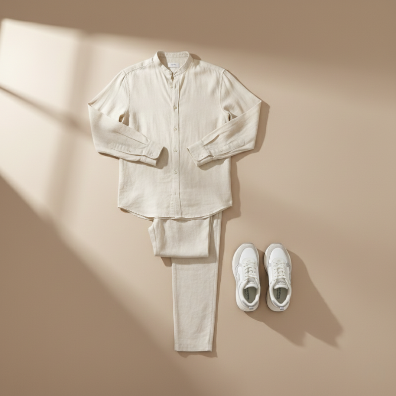 White shirt, pants, and sneakers arranged on a beige background