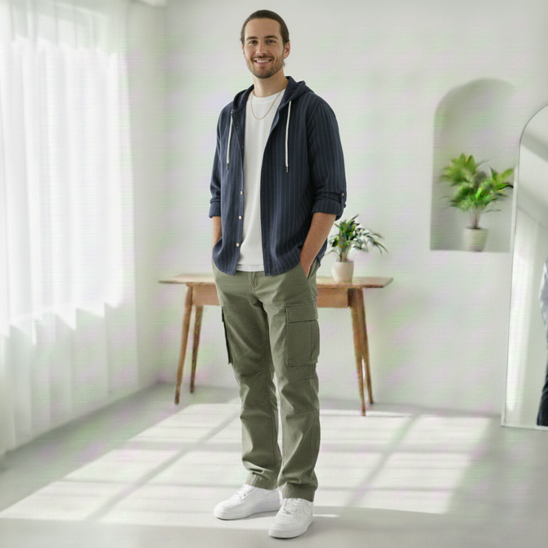 Man standing in a bright room with white walls and a wooden desk.