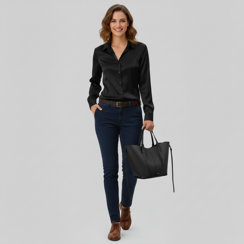 Woman wearing a black shirt, blue jeans, and brown shoes, holding a black handbag on a gray background