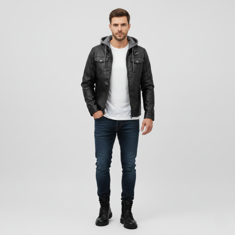 Man wearing a black leather jacket, white shirt, blue jeans, and black boots on a light gray background