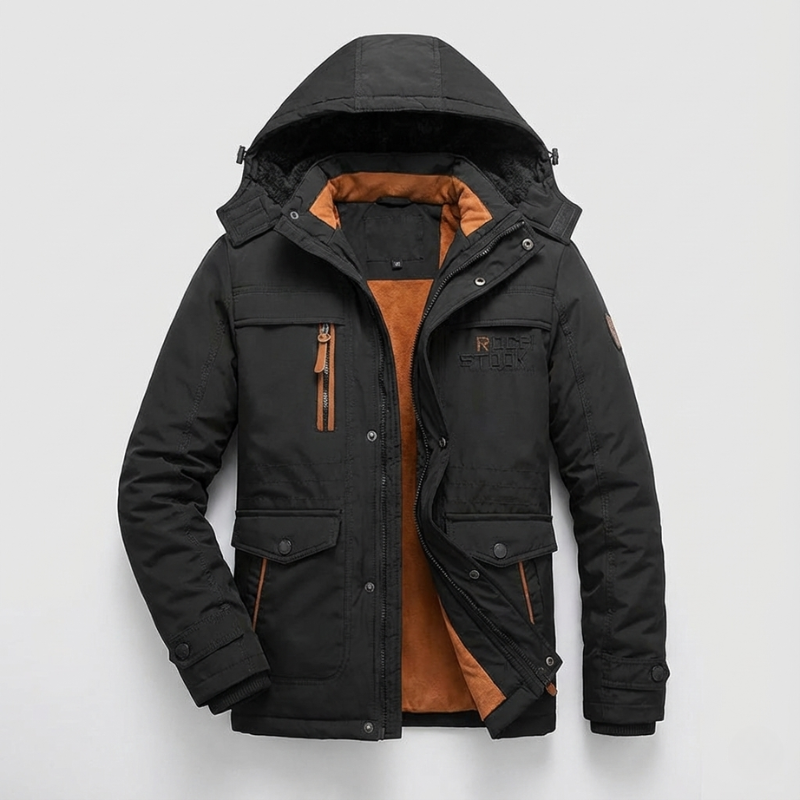 Black winter jacket with brown lining on a light gray background