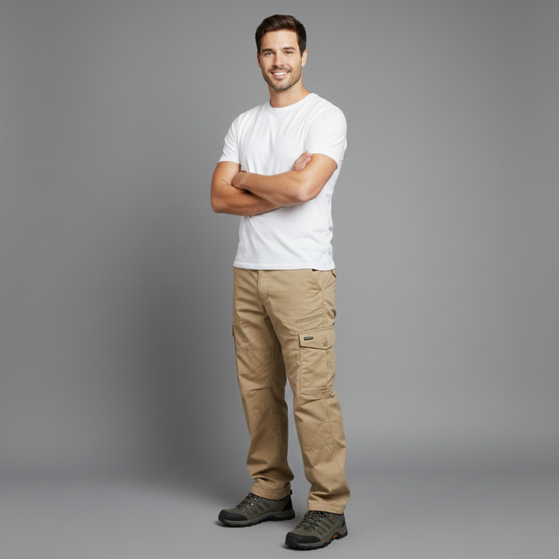Man wearing a white t-shirt and beige pants standing against a gray background