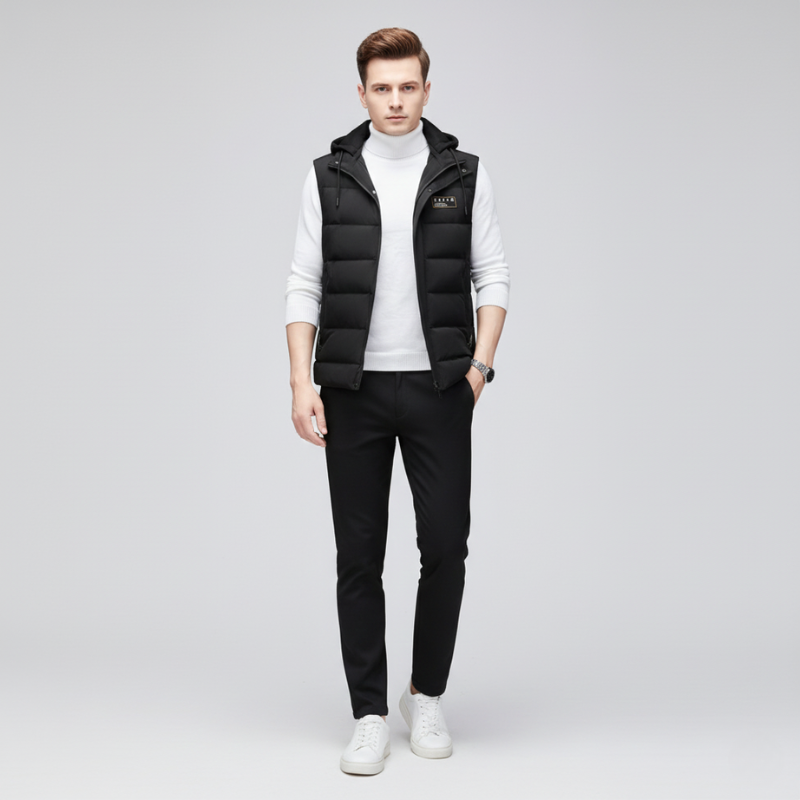 Man wearing a black puffer vest over a white shirt with black pants on a light gray background