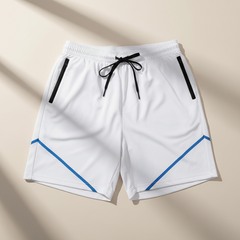White shorts with black drawstring and blue accents on a beige background