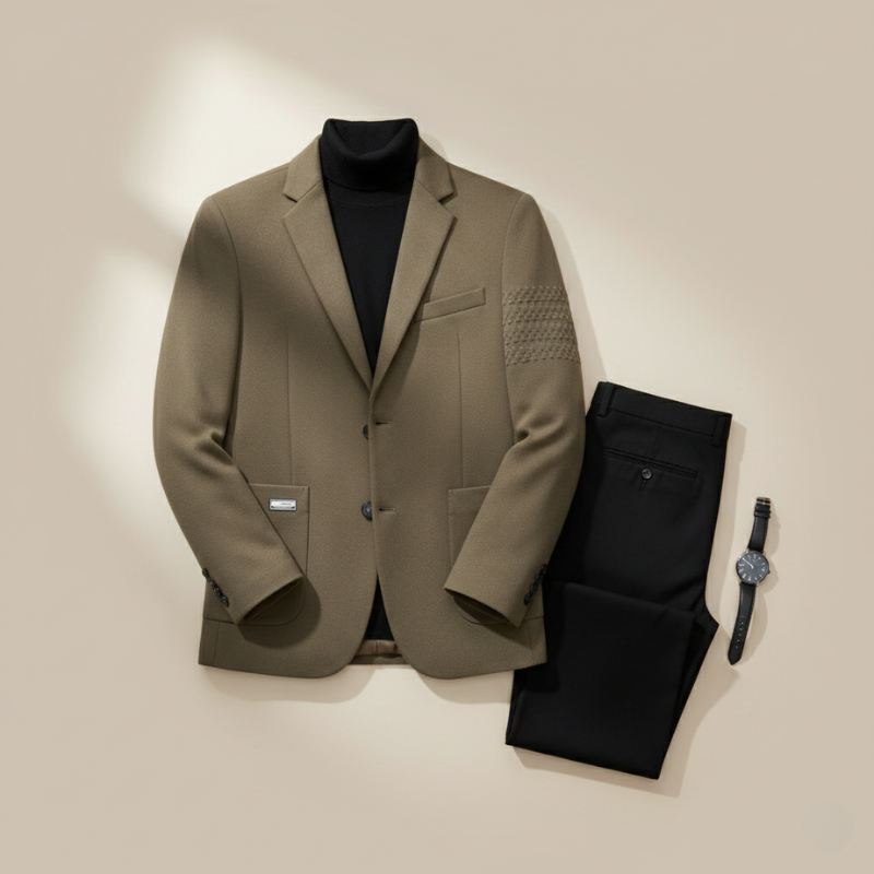 Beige blazer, black turtleneck, black pants, and watch on a beige background