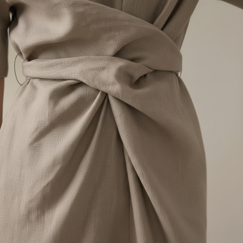 Close-up of the gathered side draping on a beige midi dress.
