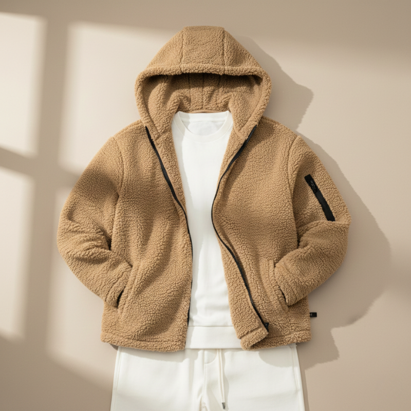 Beige fleece zip jacket displayed on a hanger showing collar, zipper, and soft material.