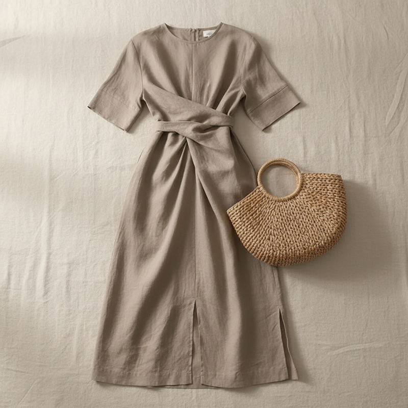 Woman wearing a beige midi dress with side draping standing in a studio.