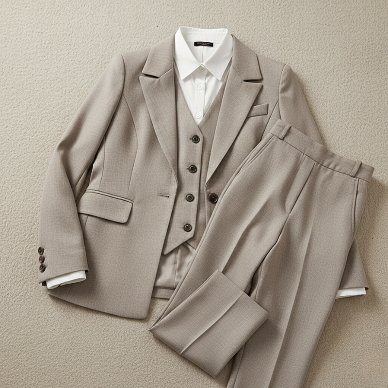 Beige suit with a white shirt on a beige background