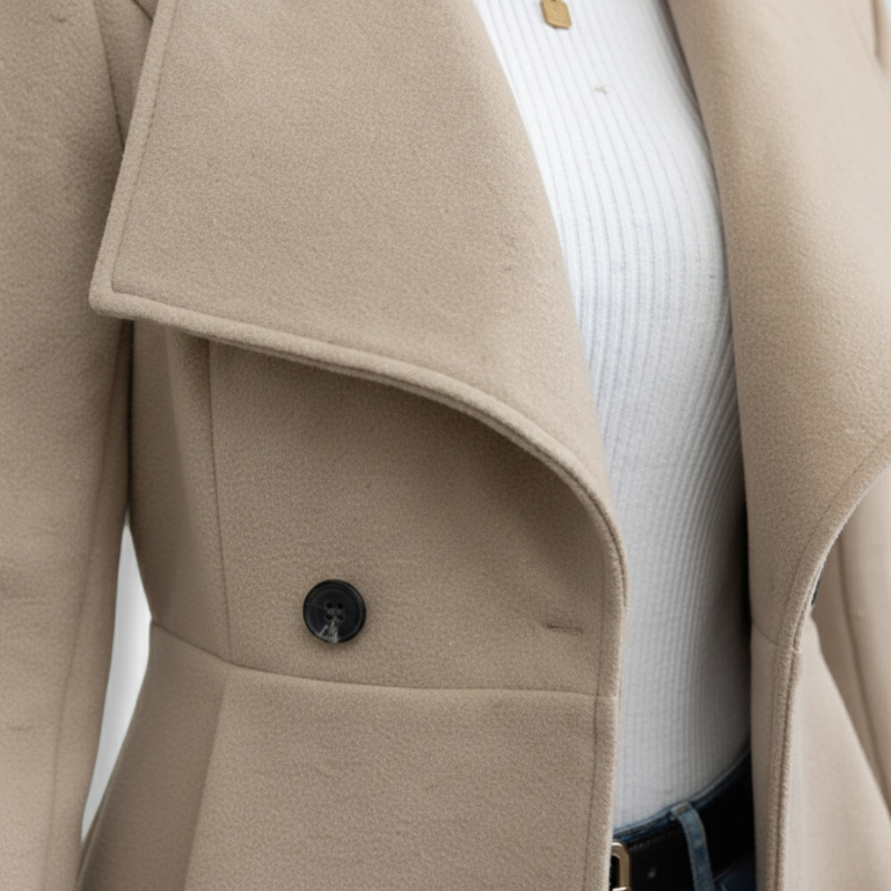 Close-up of a beige wool-blend overcoat showing lapels, button detail, and smooth tailored fabric texture.
