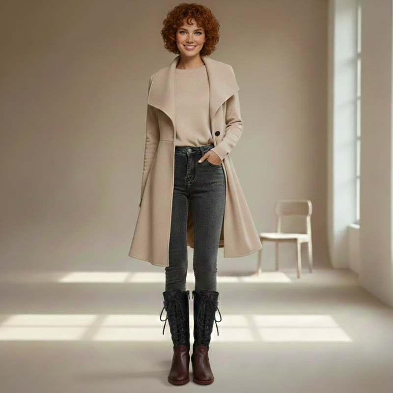 Flatlay of a beige wool-blend overcoat styled with jeans, heels, and a white top on a neutral background.