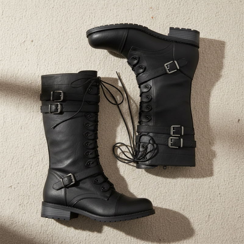 Flatlay of black lace-up combat boots featuring buckles, rugged soles, and structured leather design.