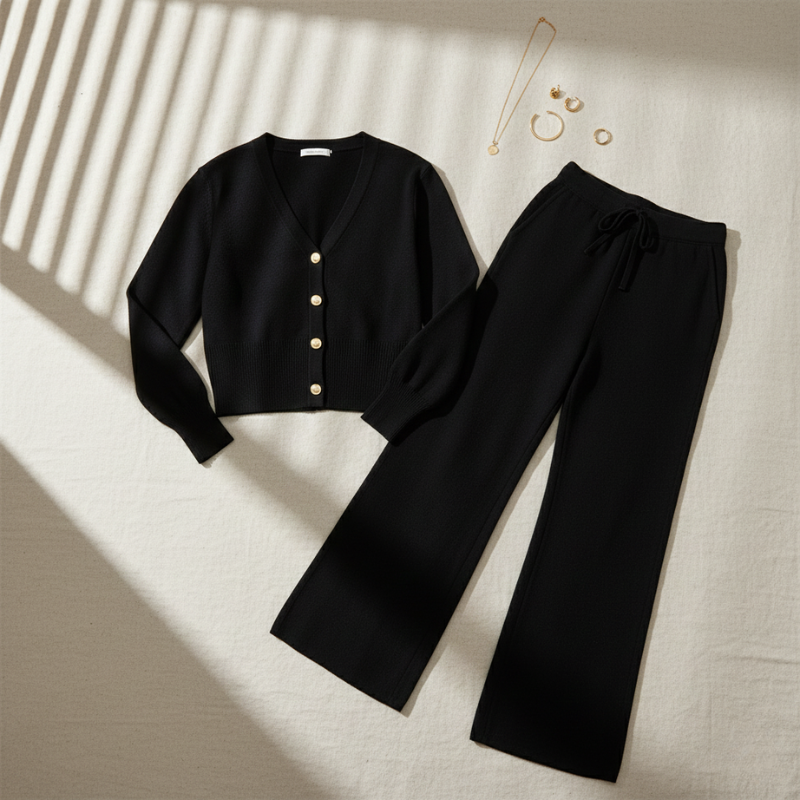 Black outfit with a cardigan and pants on a light background