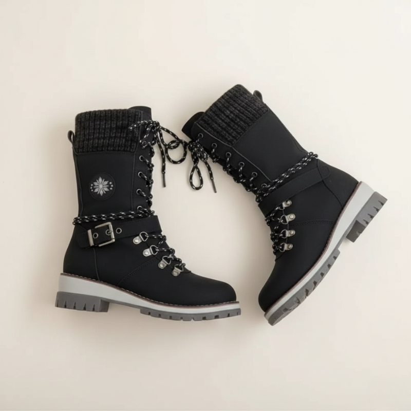 Pair of black winter boots with chain details on a light beige background