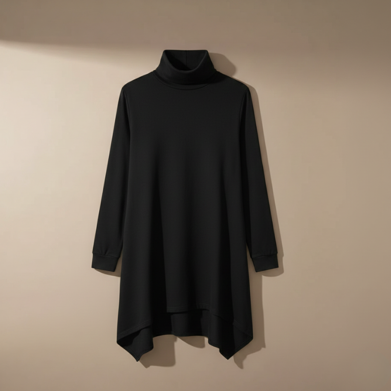 Black turtleneck dress on a beige background