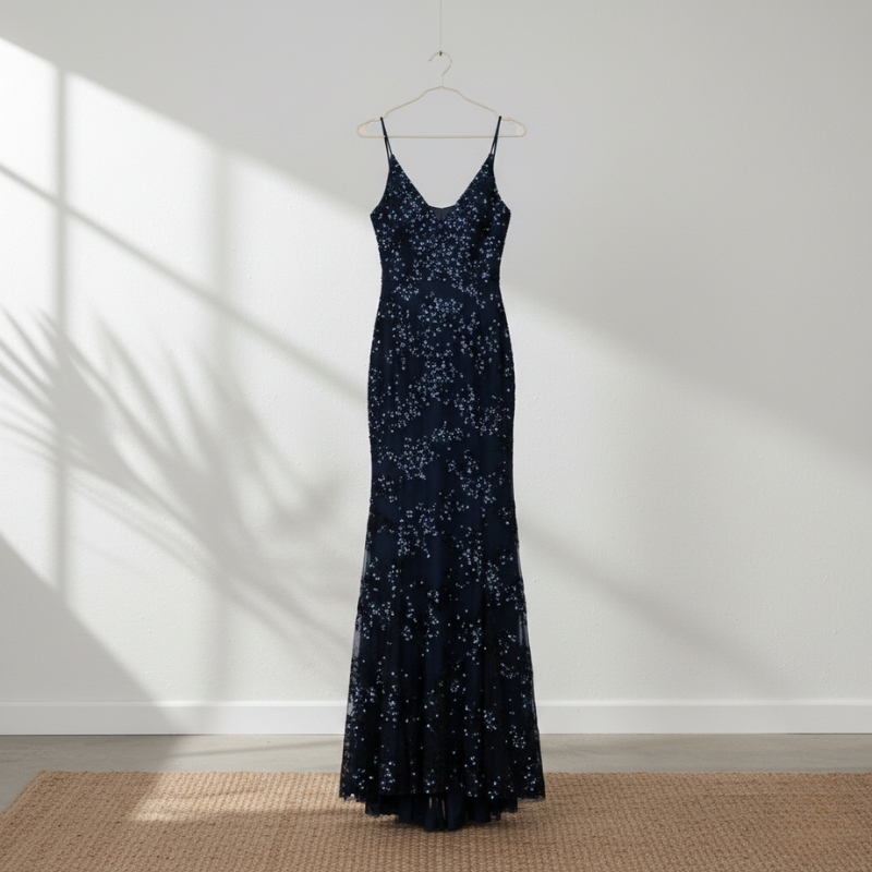 Navy blue floral dress hanging against a white wall with sunlight casting shadows.