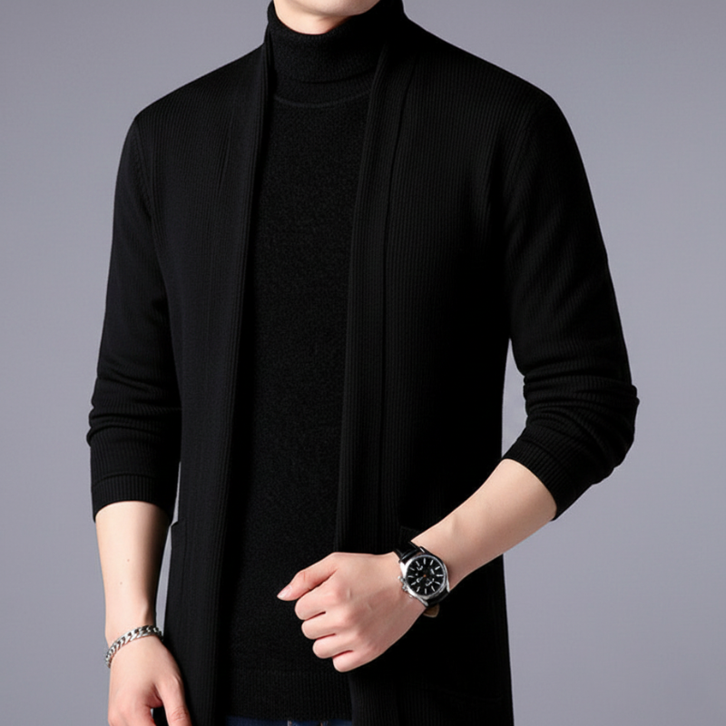 Close-up of black turtleneck sweater showing ribbed fabric texture and clean stitching.