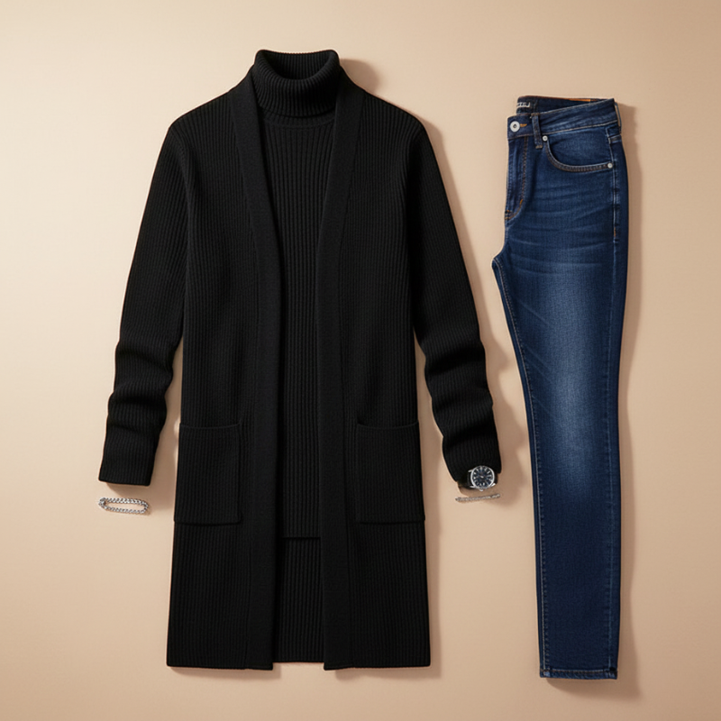 Flatlay of a black turtleneck sweater styled with dark jeans on a neutral background.