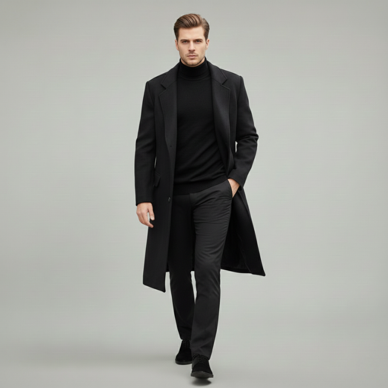 Black wool overcoat displayed on a hanger showing length, lapel design, and structured tailoring.