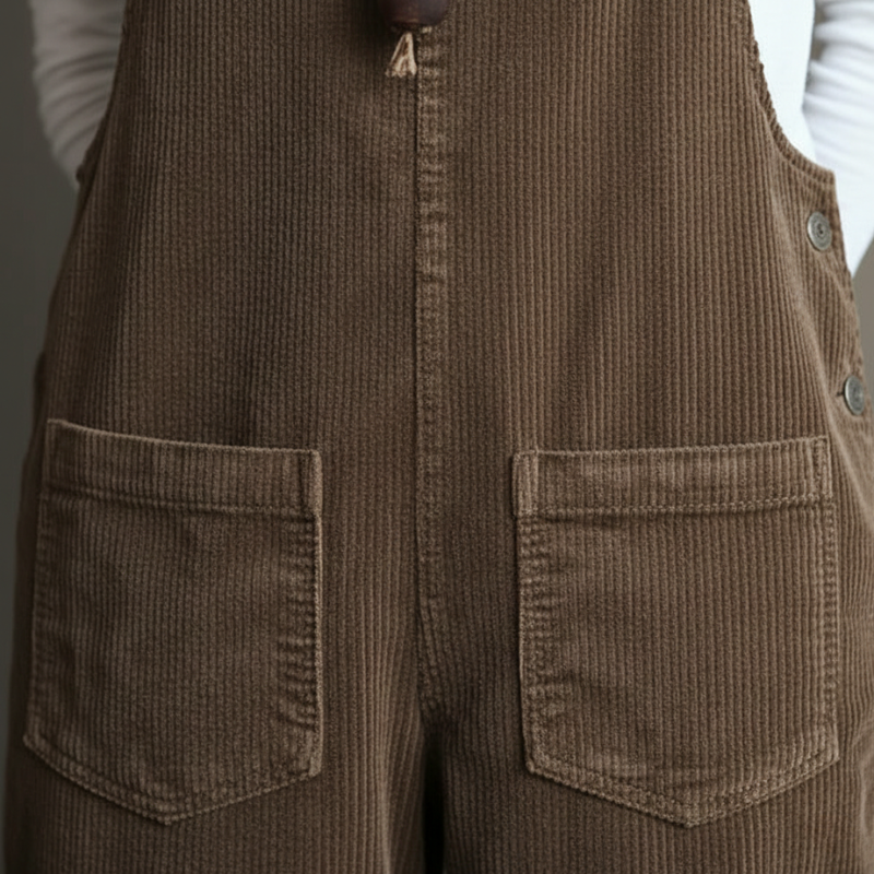 Close-up of the pocket detailing on brown overalls with textured fabric.