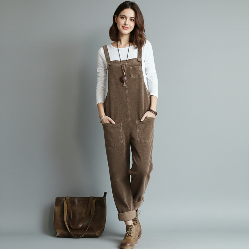 Woman wearing brown casual overalls with a white top posing against a grey background.