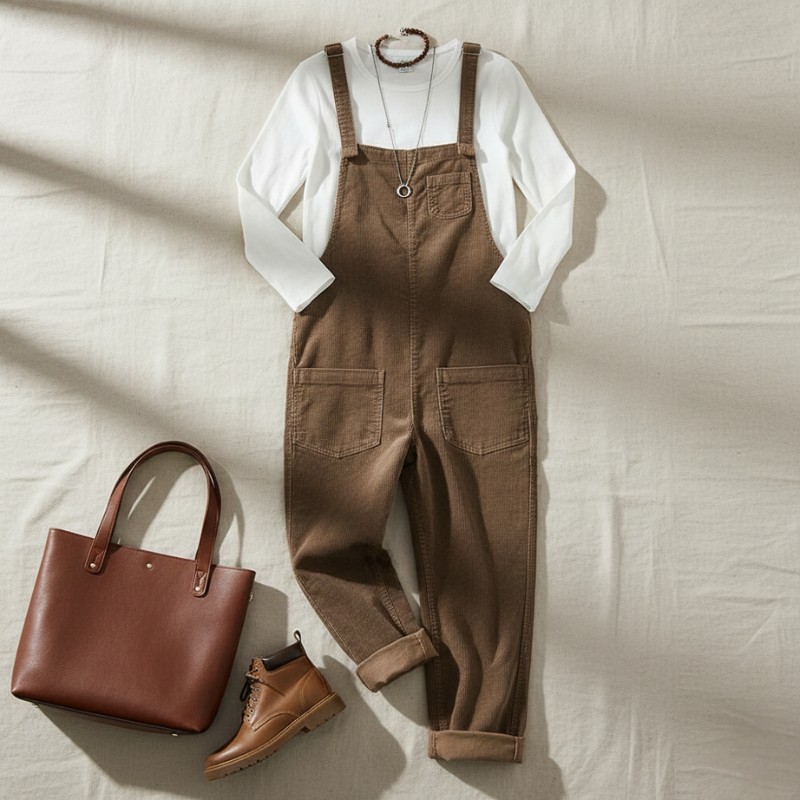 Flat lay of brown overalls styled with a leather handbag.