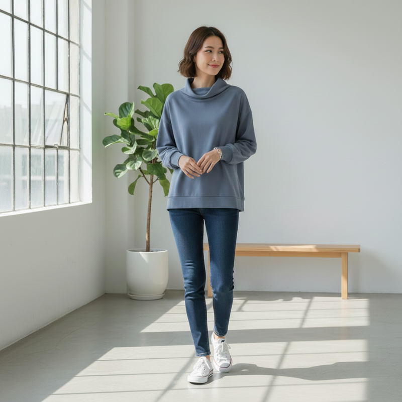 Woman in a gray sweater and blue jeans standing in a bright room with a plant and bench.