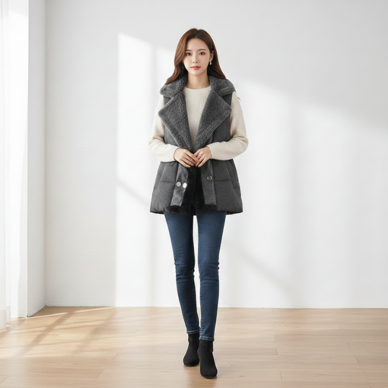 Woman wearing a gray vest over a white shirt with blue jeans in a minimalistic room.