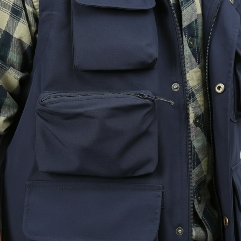 Close-up of a navy casual vest showing front pockets, stitching, and smooth fabric texture.