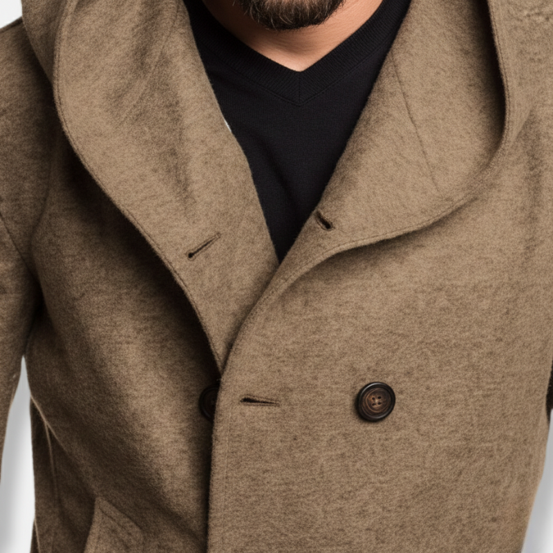 Close-up of a brown coat with a button on a neutral background