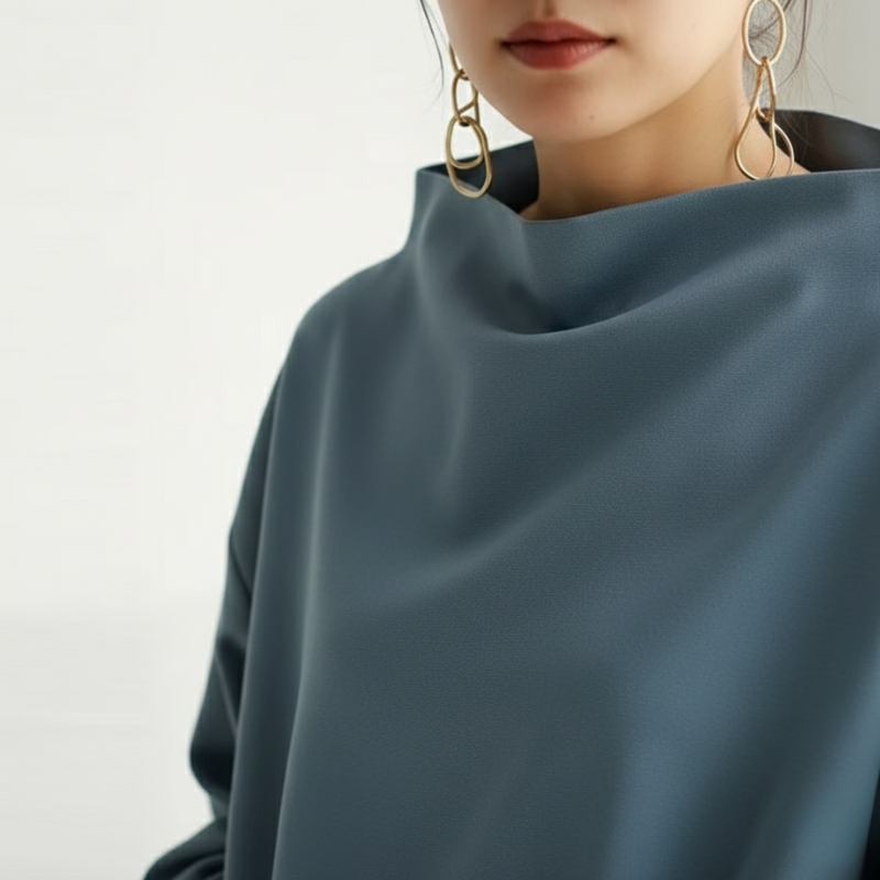 Person wearing a dark blue garment with gold earrings on a light gray background