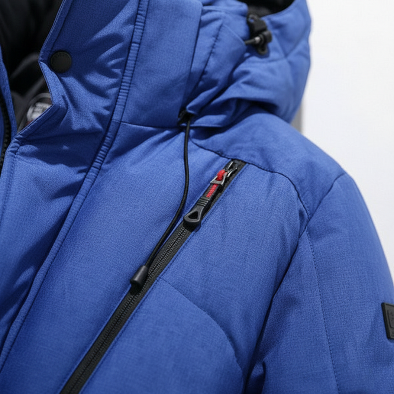 Close-up of a blue jacket with a hood and zipper details.
