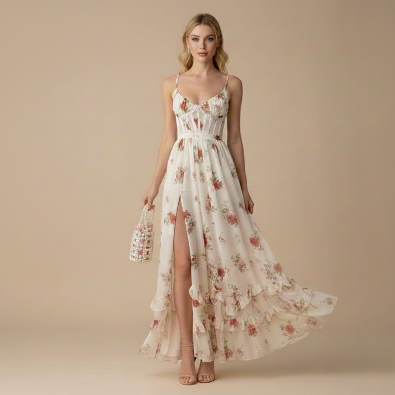 Woman wearing a floral dress on a beige background