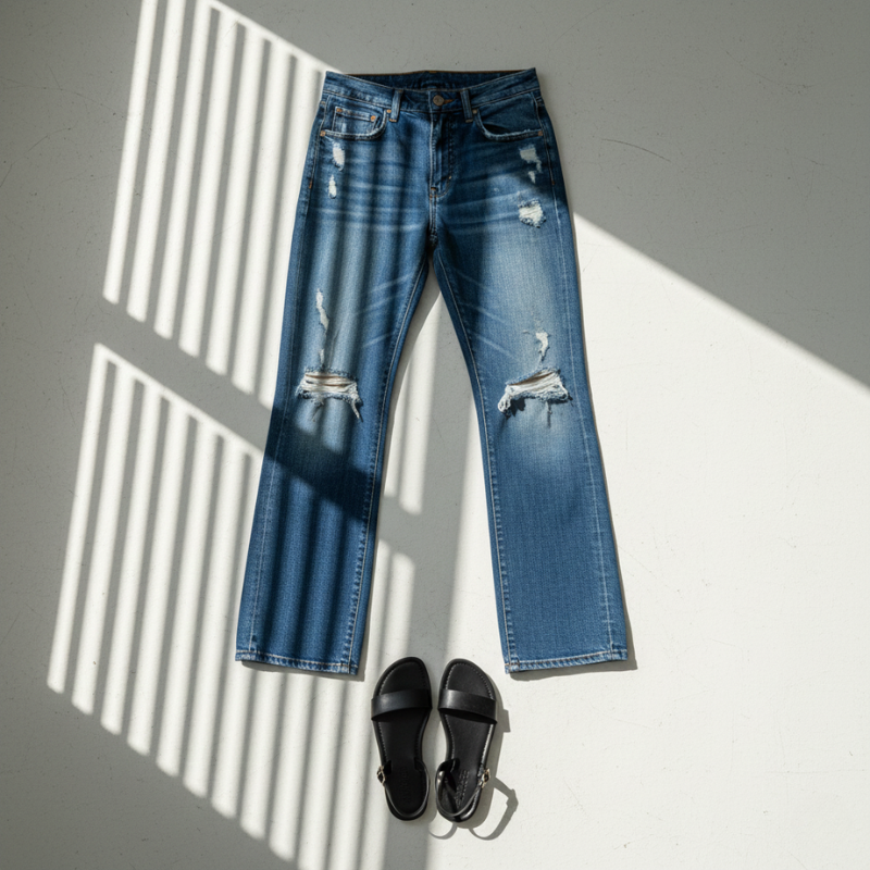 Pair of blue jeans with slight distressing on a gray surface with black sandals.