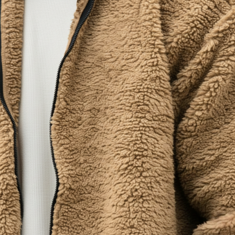 Close-up of beige fleece jacket showing soft teddy fabric texture and warm lining.